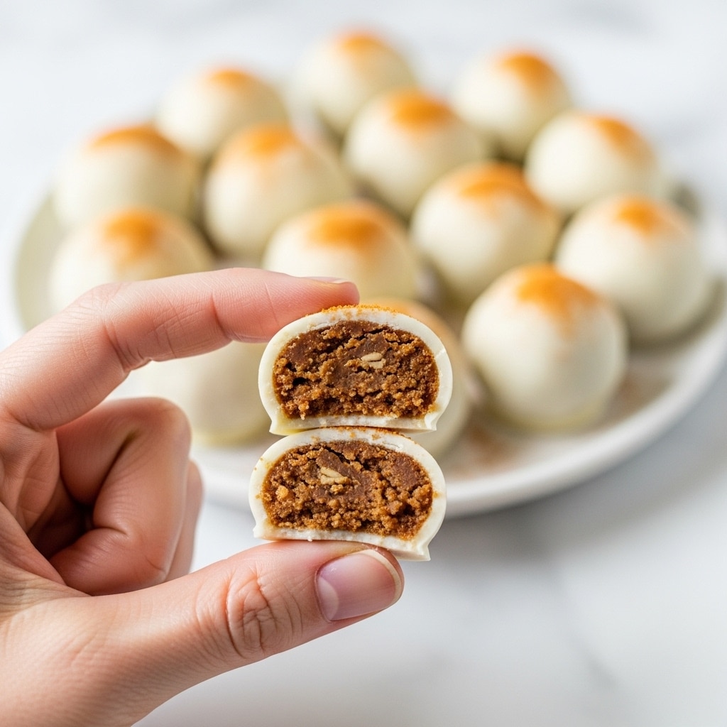 A close-up of a woman's hand holding a small round dessert ball that is cut in half, showing two layers: a smooth white outer coating and a dense, crumbly brown inside filling. In the blurred background, there is a white round plate with several more of these dessert balls, each topped with a light orange dusting. The setting is on a white marbled surface. photo taken with an iphone --ar 4:5 --v 7
