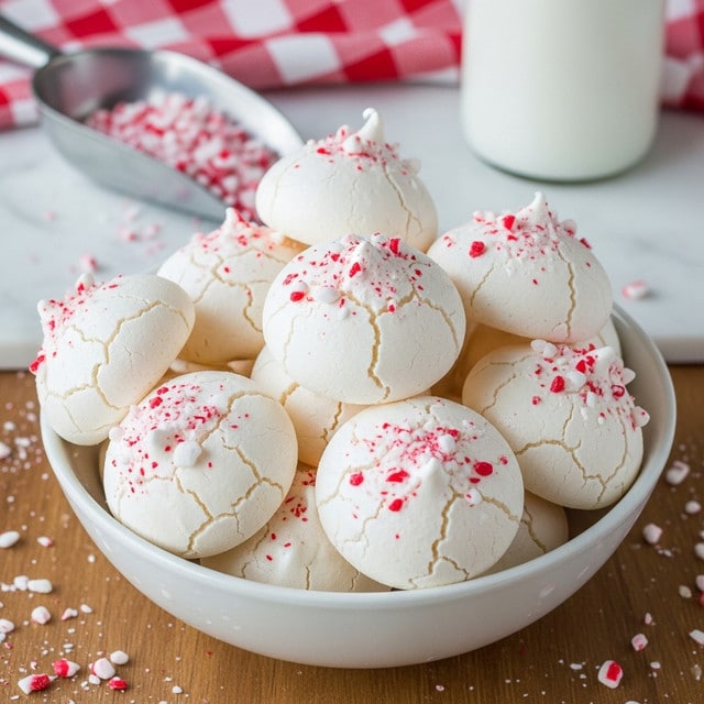 A white bowl filled with a pile of small, round meringue cookies that are smooth and slightly glossy with soft peaks on top. Each meringue is white with tiny cracks and sprinkled with small red and white crushed candy pieces scattered on the surface and some on the wooden table underneath the bowl. In the background, there is a metal scoop filled with more crushed candy and a white bottle next to a red and white checkered cloth, all set on a white marbled surface. photo taken with an iphone --ar 4:5 --v 7