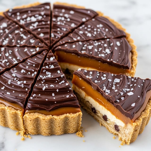 A round dessert is cut into eight triangular slices, with one slice pulled out and rotated to reveal three clear layers: the bottom is a light crumbly crust, the middle is a smooth, golden caramel layer that looks soft and stretchy, and the top is a thick, dark chocolate layer with a slightly rippled texture sprinkled with coarse sea salt flakes. The dark chocolate top contrasts with the caramel and crust layers visible on the pulled-out slice. The dessert sits on a surface with a white marbled texture. photo taken with an iphone --ar 4:5 --v 7