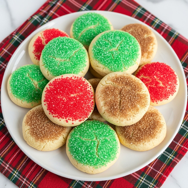 A white plate is filled with soft, round cookies arranged in a slightly overlapping pile. Each cookie has a light golden color and is topped with sugar sprinkles in three different colors: bright green, red, and cinnamon brown. The green and red sprinkles are dense and evenly spread across the top of some cookies, while the brown sugar is sprinkled more lightly on others. The plate rests on a red and green plaid cloth, and the setting has a white marbled texture underneath. photo taken with an iphone --ar 4:5 --v 7