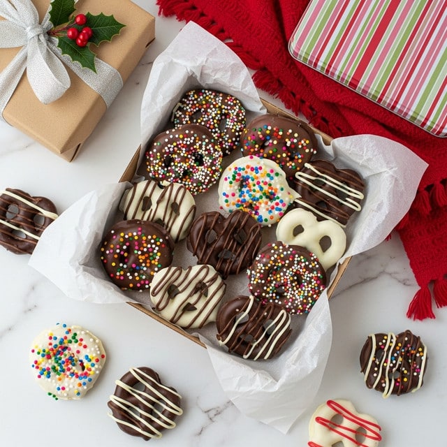 A cardboard box lined with white crinkled parchment paper holds various chocolate-covered pretzels layered unevenly; some are coated in smooth dark chocolate, others in white chocolate, and many are decorated with colorful round sprinkles or thin chocolate drizzle in contrasting colors. Around the box, on a white marbled surface, there are a few scattered pretzels with the same coatings and sprinkles. To the upper left, a brown gift box topped with a shiny silver ribbon and green leaf decoration is visible. A folded red cloth with fringed edges and a rectangular white tin with red, green, and pink stripes sit nearby. The photo taken with an iphone --ar 4:5 --v 7