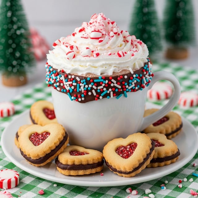 A white cup filled with chocolate drink topped with a thick layer of white whipped cream covered in crushed red and white peppermint candy, the cup’s rim is dipped in chocolate and covered in colorful round and rod-shaped sprinkles. Around the cup on a white plate are heart-shaped peppermint stick cookies filled with dark chocolate, showing a mix of red, white, and brown colors. The plate sits on a green and white checkered cloth scattered with small candy pieces and sprinkles, while small green Christmas tree decorations stand blurred in the background. Photo taken with an iphone --ar 4:5 --v 7