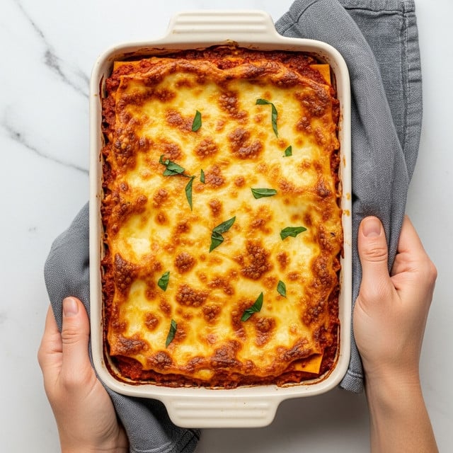 A rectangular white baking dish filled with a baked lasagna showing a top layer of browned, bubbly, melted cheese that is golden brown in color and sprinkled with small green herb leaves scattered across. The dish is being held by a woman's hands using a gray cloth, and the background is a white marbled surface. photo taken with an iphone --ar 4:5 --v 7
