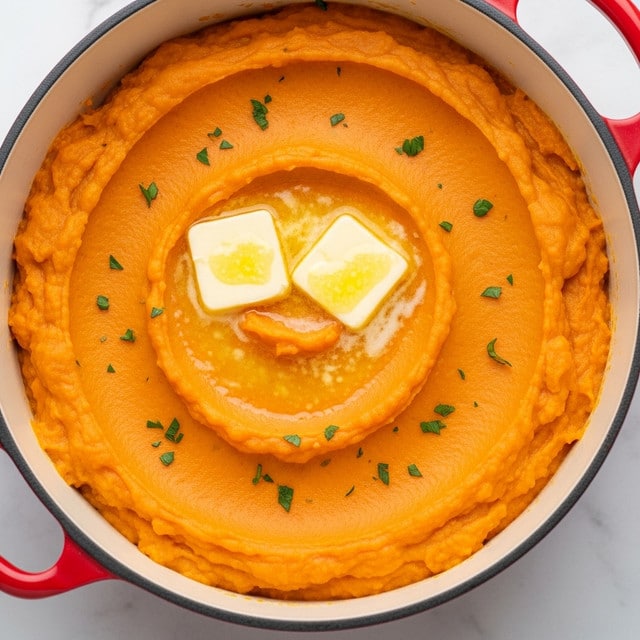 This image shows a close-up of bright orange mashed sweet potatoes inside a round white pot with a red rim. The mashed sweet potatoes have a smooth and creamy texture with some swirled patterns. Two small squares of melting butter are placed on top, adding a shiny light yellow color. Small green herb bits, possibly parsley, are scattered over the surface for decoration. The pot is set against a white marbled background. photo taken with an iphone --ar 4:5 --v 7