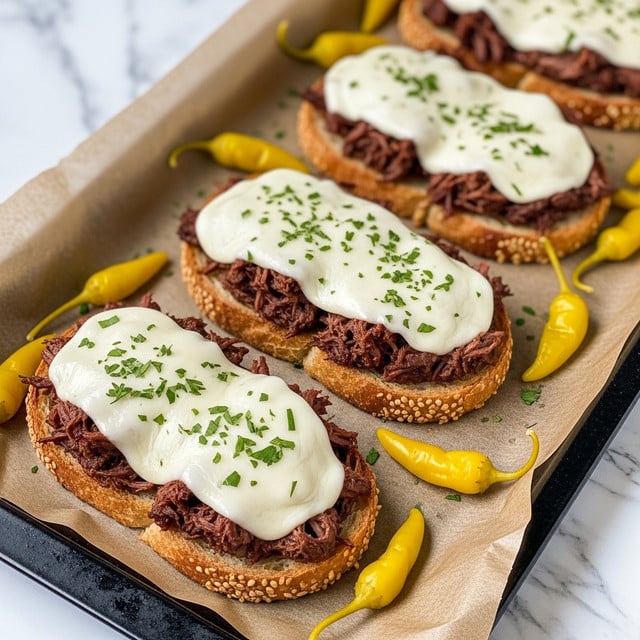 The image shows several open-faced sandwiches arranged in a row on brown parchment paper on a dark baking tray. Each sandwich has a thick base layer of toasted golden-brown bread with a slightly crunchy texture. On top of the bread, there is a generous layer of shredded dark brown meat that looks tender and juicy. The meat is covered with melted white cheese that drapes smoothly with some slight stretch marks and is sprinkled with green herbs on top. Around the sandwiches, small yellow peppers add bright pops of color. The whole scene is set against a white marbled texture surface. photo taken with an iphone --ar 4:5 --v 7