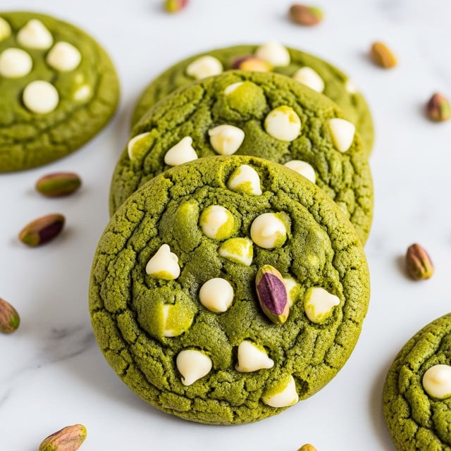 Nine greenish cookies with white chocolate chips and small nut pieces are arranged in three rows of three on a silver cooling rack. The cookies have a slightly cracked surface with a soft, crumbly texture. The green color is soft and pale with creamy white chips scattered throughout. The cooling rack sits on a white marbled surface. photo taken with an iphone --ar 4:5 --v 7