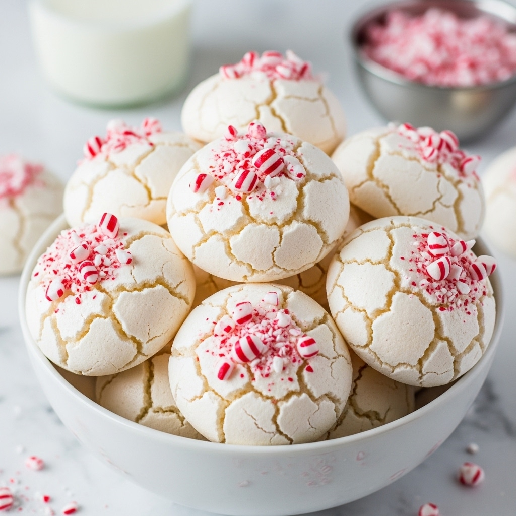 The image shows a bowl filled with white, round meringue cookies that have a slightly rough, cracked texture. Each meringue is topped with small red and white crushed peppermint candy pieces scattered unevenly across the surface. The bowl is white and sits on a white marbled surface, with some crushed candy spilled around its base. In the background, there is a blurred glass of milk and a small metallic bowl also filled with crushed peppermint candy. The image captures the details of the meringue's glossy yet cracked tops and their soft, airy appearance. photo taken with an iphone --ar 4:5 --v 7