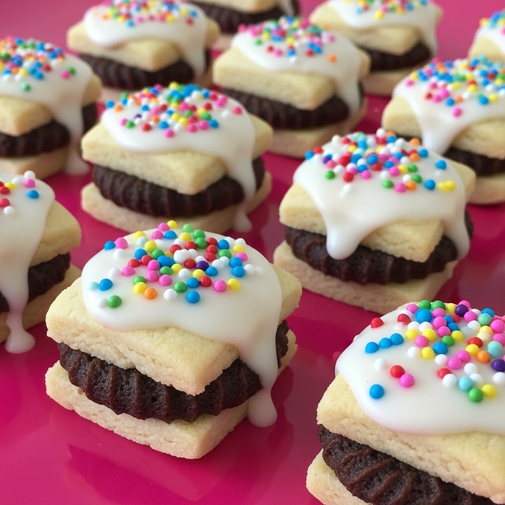 The image shows many small, square-shaped cookies with a thick, light beige dough outer layer. Each cookie has a dark brown, textured filling inside, visible on one side where the cookie is cut. The top of each cookie is covered with a thick layer of white icing that slightly drips over the sides. On top of the icing, there are many small, round, colorful sprinkles in red, blue, yellow, green, pink, orange, and purple scattered unevenly. All the cookies rest on a bright pink shiny surface, which contrasts with the light cookies and makes the colors pop. photo taken with an iphone --ar 4:5 --v 7