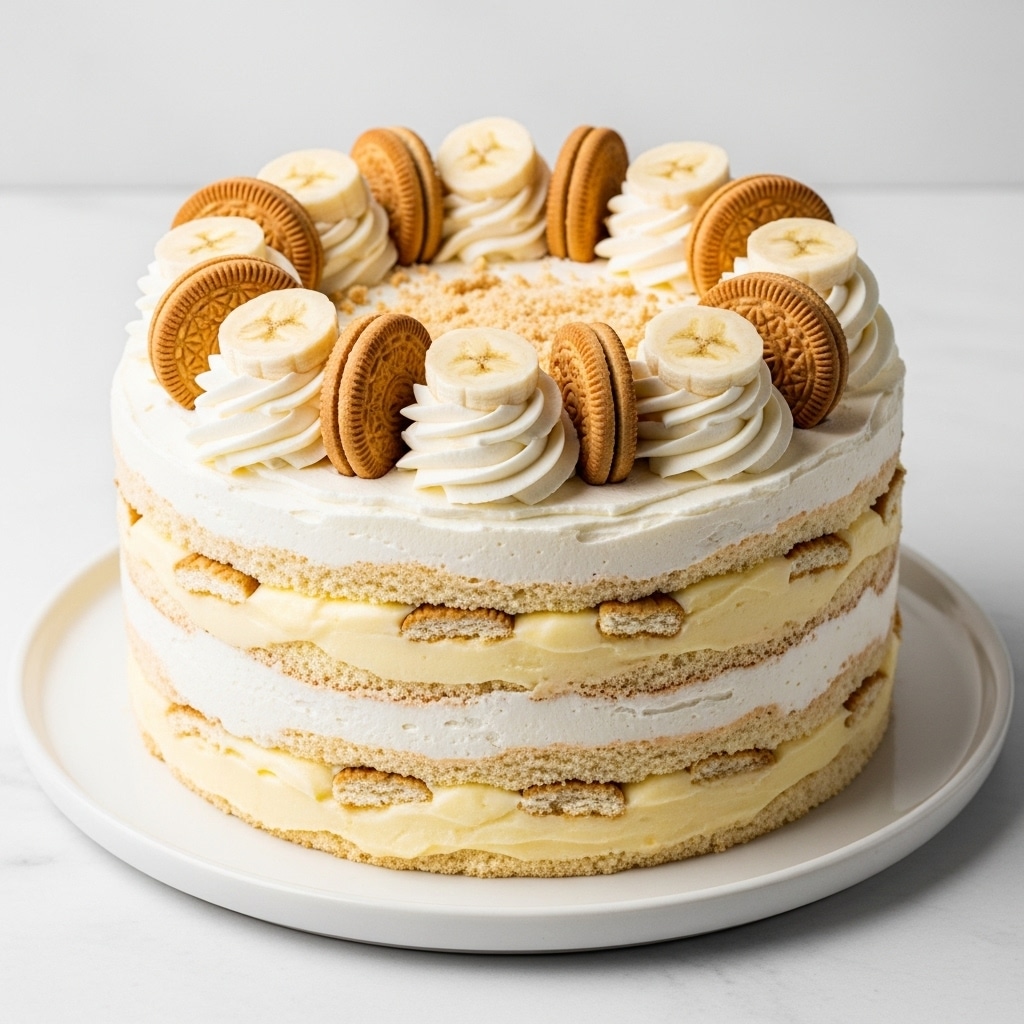 A tall layered cake sits on a clean, white round plate over a white marbled texture. The cake has about four thick layers with a white cream base, alternating with thick layers of pale yellow pudding mixed with visible pieces of crushed cookies. The sides show the uneven texture of the cream and pudding layers. On top, a thick layer of smooth white cream is decorated with a circle of whipped cream swirls around the edge. Between the swirls are placed evenly spaced banana slices and round, golden-brown cookies standing upright. The center of the top has a light scattering of cookie crumbs. Photo taken with an iphone --ar 4:5 --v 7