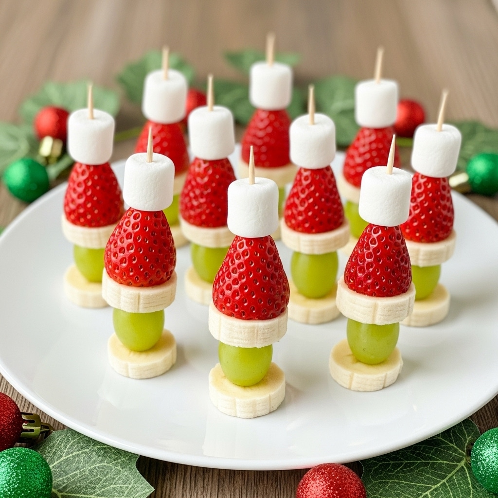 A white plate holds seven small snack stacks, each made of three layers: the bottom is a green grape, the middle layer is a thin slice of banana, and the top layer is a red strawberry cut into a cone shape. A small white marshmallow sits on top of each strawberry, held in place with a toothpick. The texture of the grape is smooth and glossy, the banana slice is soft and pale, and the strawberry is bright red with visible seeds. The plate is placed on a wooden surface with some green and white decorative leaves and small glittery red and green Christmas decorations around it. Photo taken with an iphone --ar 4:5 --v 7