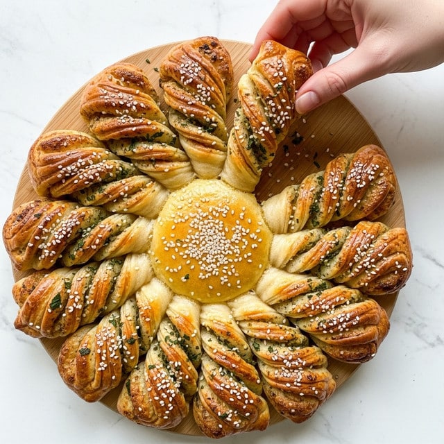 The image shows a round bread with many twisted layers shaped like sun rays around a smooth, golden center sprinkled with sesame seeds. Each twisted section is shiny and golden brown with visible darker lines from a filling, topped with white sesame seeds and small green herb pieces scattered here and there. A woman's hand is pulling up one twisted piece from the wooden board it’s resting on. The background surface is a white marbled texture. photo taken with an iphone --ar 4:5 --v 7