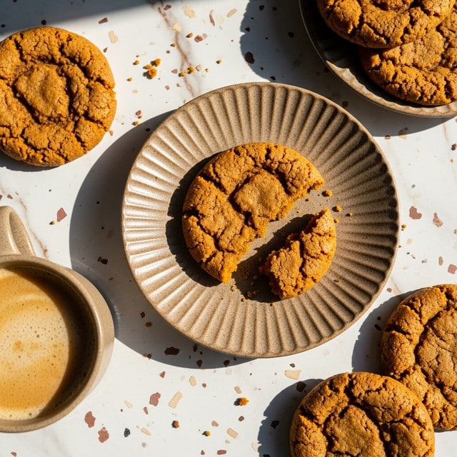A close-up view of a broken golden brown cookie with a rough, grainy texture on a ridged, scalloped light brown ceramic plate, placed centrally on a white marbled surface with brown and beige speckles. Around it, there are whole cookies with the same texture and color. A cup of coffee with light brown crema is positioned to the left in a matching light brown ceramic cup, also on the white marbled surface. The overall scene conveys a warm, cozy snack setting with natural sunlight casting soft shadows. photo taken with an iphone --ar 4:5 --v 7