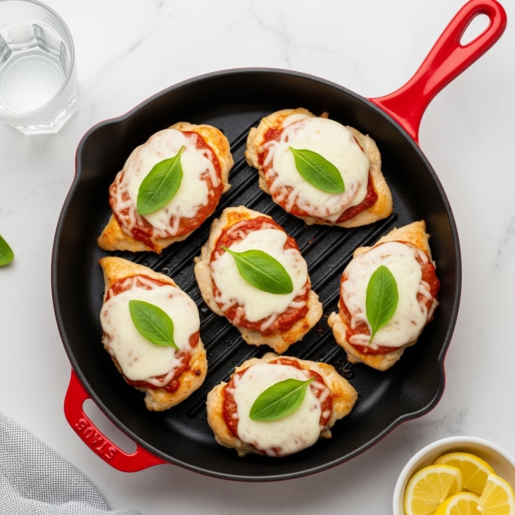 The image shows five pieces of cooked chicken breast arranged in a black cast iron skillet with a red handle. Each piece has three layers: the bottom layer is the golden-brown cooked chicken, the middle layer is a slice of reddish-brown tomato or sauce, topped with a smooth, melted white cheese layer. On the very top of each piece, there is one fresh green leaf placed in the center. The skillet sits on a white marbled surface with a glass of water and a small bowl of lemon wedges visible around it. Photo taken with an iphone --ar 4:5 --v 7