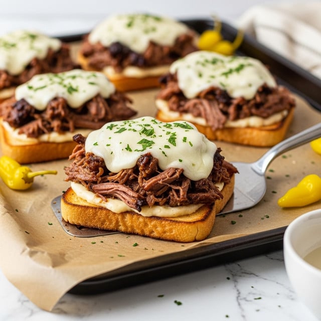The image shows an open sandwich on toasted bread placed on a dark baking tray with brown parchment paper. The sandwich has three layers: the bottom layer is a golden toasted slice of bread, the middle layer is a generous pile of shredded, dark brown slow-cooked meat, and the top layer is melted white cheese sprinkled with small green herbs. In the background, there are more of the same sandwiches on the tray and a few small yellow peppers scattered around. A metal spatula is lifting the main sandwich. The scene is set on a white marbled surface with a small part of a white bowl visible at the edge. photo taken with an iphone --ar 4:5 --v 7