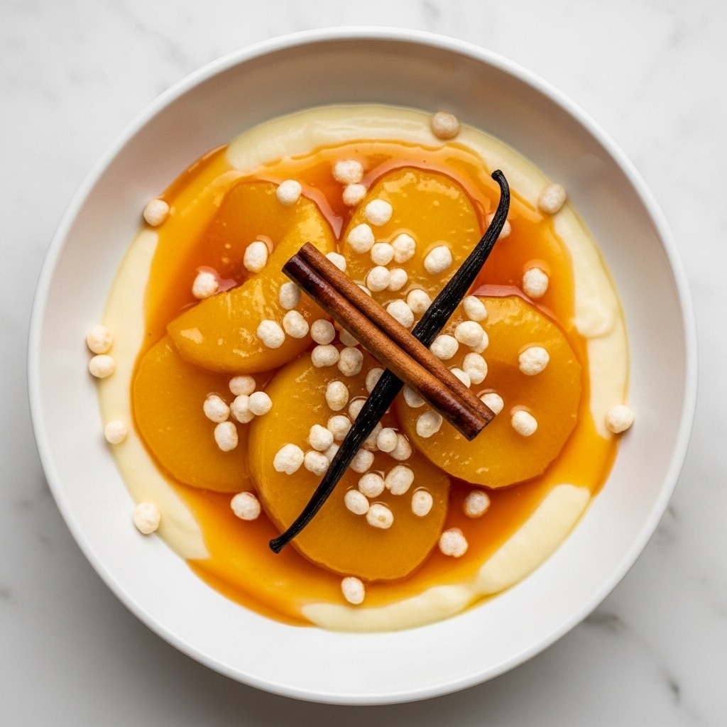 A white bowl holds a creamy pale yellow base layer with a smooth texture, topped with a bright orange glossy syrup that covers several thick slices of golden yellow cooked fruit. On top of these fruit slices, there are two whole spices—a dark brown cinnamon stick and a black vanilla pod—resting amid tiny white puffed grains lightly scattered across the fruit and syrup. The entire dish sits on a white marbled surface, offering a warm and inviting look. photo taken with an iphone --ar 4:5 --v 7