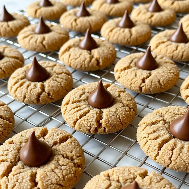 The image shows many round peanut butter cookies arranged on a metal cooling rack set on a white marbled surface. Each cookie has a cracked, rough texture with a light brown color and is topped in the center with a smooth, shiny, dark chocolate kiss. The cookies are evenly spaced, and their sugar-coated surfaces catch the light softly, showing a slight crystalline texture. The scene is close-up and the focus fades towards the background, highlighting the texture and detail of the closest cookies. photo taken with an iphone --ar 4:5 --v 7