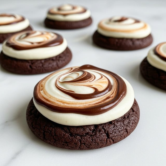 The image shows four round chocolate cookies with a thick layer of swirled topping on each. The base layer of each cookie is dark brown, dense, and soft-looking. On top, there is a creamy swirl made from three colors: white, light tan, and dark chocolate brown, mixed smoothly in a circular pattern. The swirls create a marbled effect with visible texture variations between the creamy and chocolate parts. The cookies are arranged on a white marbled surface, with the closest cookie in sharp focus and the others gently blurred in the background, emphasizing their rich texture and swirled topping. photo taken with an iphone --ar 4:5 --v 7