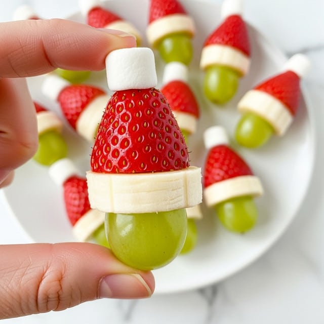 The image shows a small fruit snack shaped like a Santa hat held between a woman's thumb and finger. The bottom layer is a green grape, shiny and smooth. On top of the grape is a ring of banana slice that looks soft and pale. Above the banana sits a cone-shaped, bright red strawberry with visible seeds, creating the main part of the hat. At the very top, there is a small white marshmallow serving as the tip of the Santa hat. In the background on a white plate, there are several more of these fruit snacks, all sitting on a white marbled surface. Photo taken with an iphone --ar 4:5 --v 7