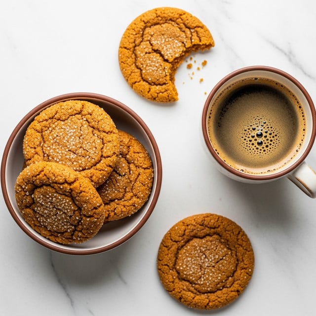 A close-up view of rough-textured golden brown cookies sprinkled with coarse sugar crystals, five cookies stacked in a white bowl with brown interior on a white marbled surface. Next to the bowl, one whole cookie sits on the surface and another cookie with a bite taken out is placed diagonally above. A cup of dark coffee with light froth on top is placed near the bitten cookie, all arranged on the white marbled texture. Photo taken with an iphone --ar 4:5 --v 7
