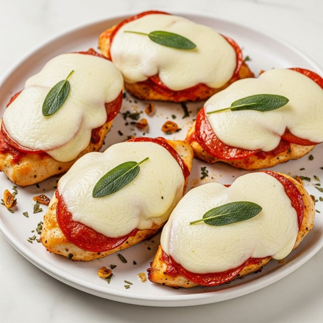 The dish shows six cooked chicken breasts arranged on a white plate with a slight texture. Each chicken breast is topped with a layer of reddish-orange cooked pepperoni slices, followed by a smooth, melted layer of white mozzarella cheese covering most of the meat. On top of the cheese, there is a single fresh green sage leaf placed in the center of each piece. The plate sits on a white marbled surface, and small bits of cooked garlic and herbs are scattered around the chicken. The lighting is bright and warm, making the food look juicy and fresh. Photo taken with an iphone --ar 4:5 --v 7