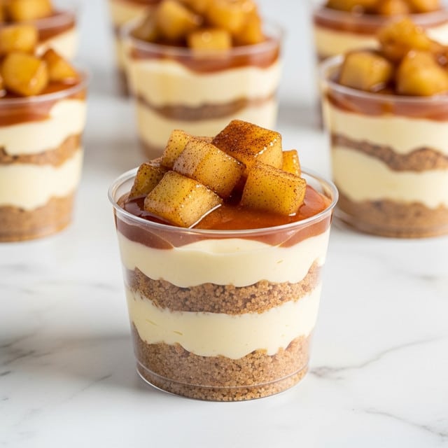 A small clear plastic cup holds a three-layer dessert placed on a white marbled surface. The bottom layer is a crumbly, light brown crust. Above this is a smooth, pale yellow layer of cream. The top layer has a shiny, caramel-colored sauce with chunks of cooked apples that look soft and coated in cinnamon spice. Several other cups with the same dessert are blurred in the background. photo taken with an iphone --ar 4:5 --v 7