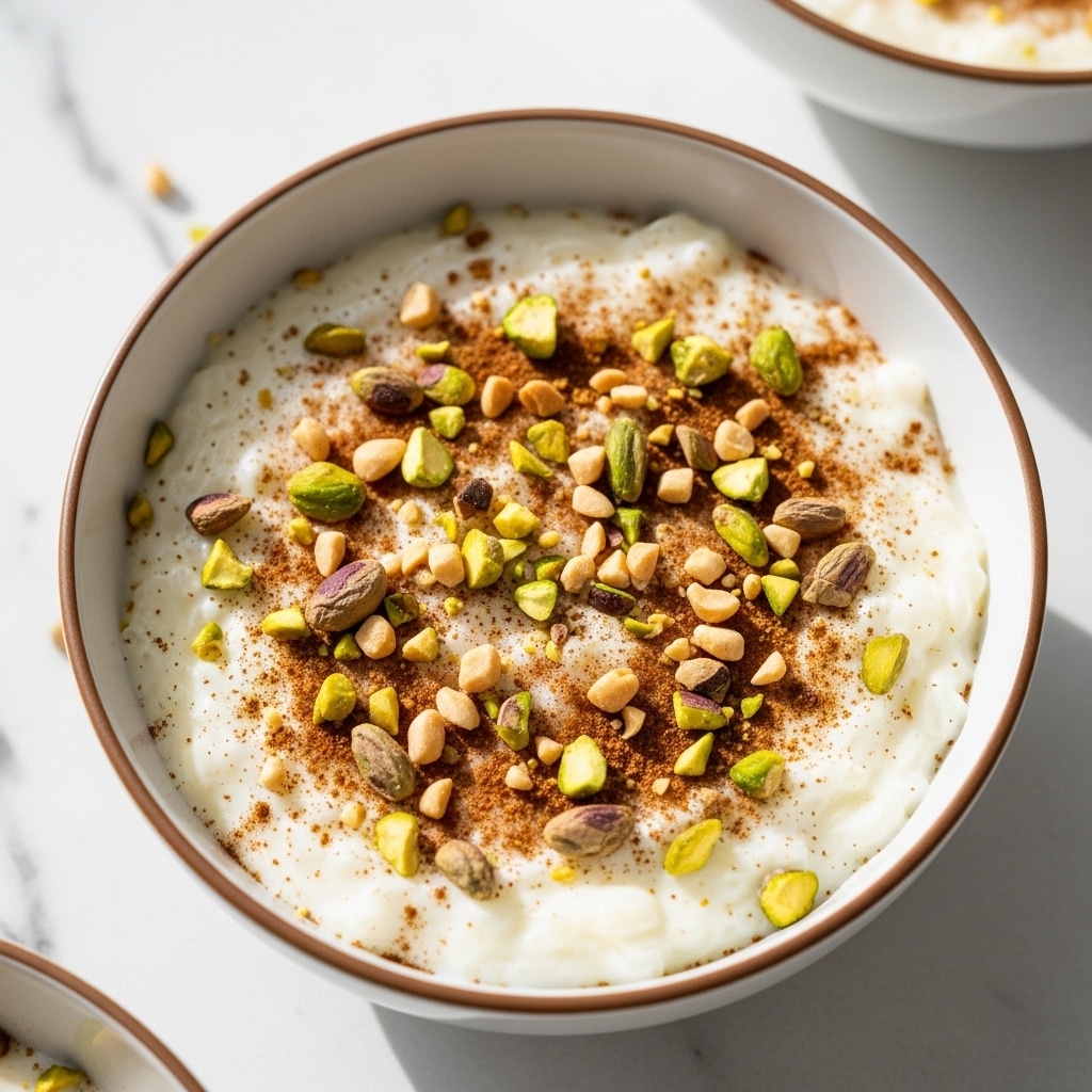 A close-up view of a bowl filled with creamy rice pudding that forms a soft, thick white layer, topped with small pieces of green pistachios and light brown nut bits sprinkled evenly on the surface, along with a light dusting of brown cinnamon. The bowl is white with a slightly darker rim, set on a white marbled texture background, with part of another bowl visible in the soft natural light. photo taken with an iphone --ar 4:5 --v 7