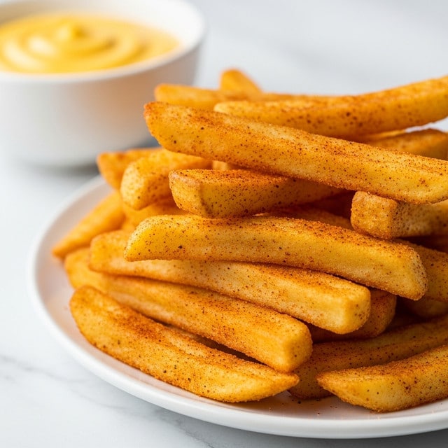 The image shows a clear glass bowl full of golden-yellow French fries coated evenly with red chili powder, giving them a spicy look. Next to the bowl is a white bowl filled with smooth, bright yellow cheese sauce that has a thick texture. Above them is a small clear jar filled with coarse white salt. All items are placed on a white marbled surface with a white and black striped cloth partly visible on the left side. The scene is bright and clean. photo taken with an iphone --ar 4:5 --v 7