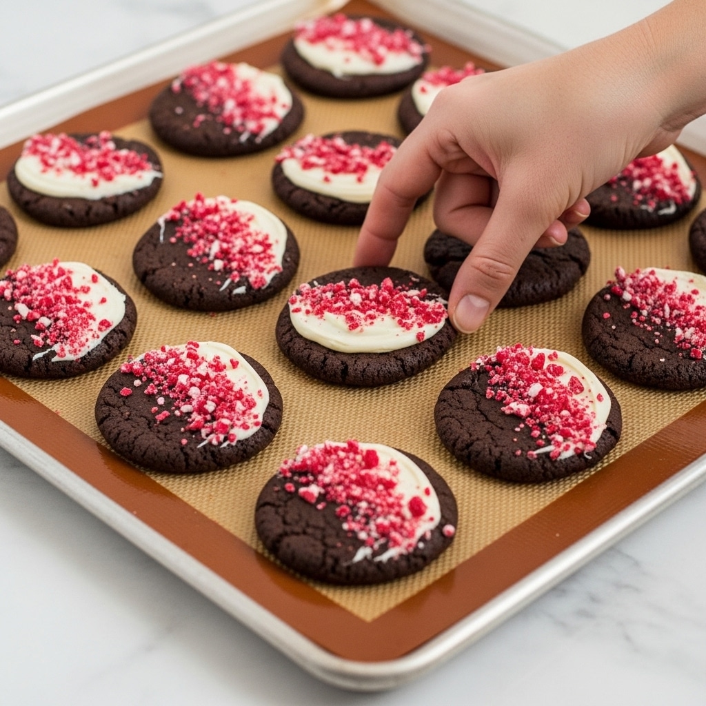 The image shows a baking tray lined with a brown silicone mat holding several round chocolate cookies. Each cookie has a layer of white creamy topping with bits of crushed red candy sprinkled on it, all placed on one side of the cookie. A woman's hand is reaching to place or adjust one of the cookies on the tray. The tray sits on a white marbled surface. photo taken with an iphone --ar 4:5 --v 7
