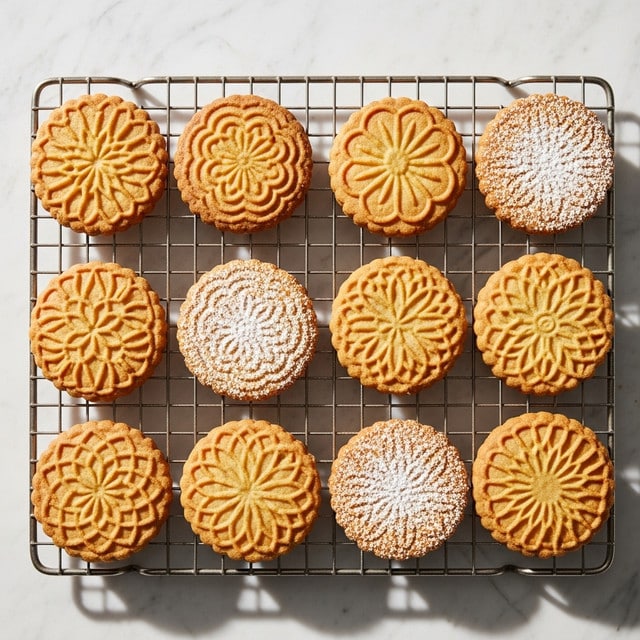The image shows nine round, golden brown cookies placed on a metal cooling rack. Each cookie has a unique raised pattern on top, such as floral, geometric, or leaf-like designs. Some cookies are lightly dusted with white powdered sugar, adding a fine texture contrast. The background is a white marbled texture that complements the warm tones of the cookies. The overall look is neat and artisanal, highlighting the detailed cookie patterns and soft shadows beneath them. photo taken with an iphone --ar 4:5 --v 7