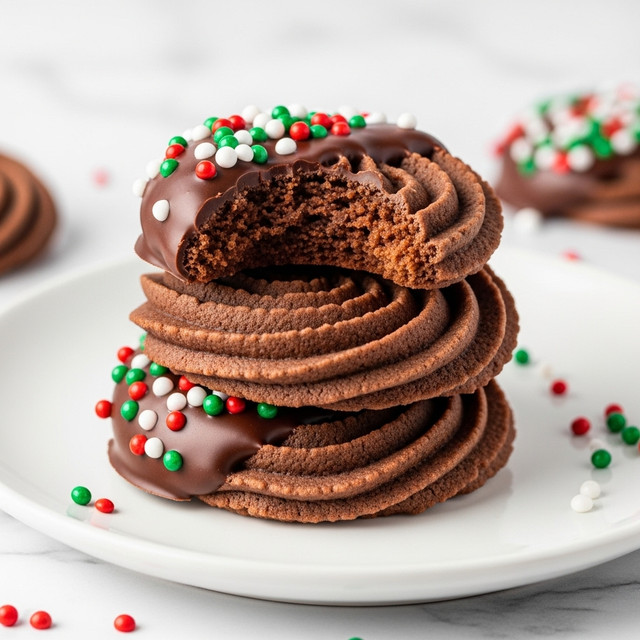 A stack of three round chocolate cookies with a ridged swirl pattern is placed on a white plate. The top cookie is partially dipped in smooth, shiny dark chocolate and decorated with small round sprinkles in red, white, and green colors. A bite is taken out of the top cookie, revealing a soft, crumbly inside with a rich brown color. The background is a white marbled texture with some scattered red, white, and green sprinkles around the plate. photo taken with an iphone --ar 4:5 --v 7