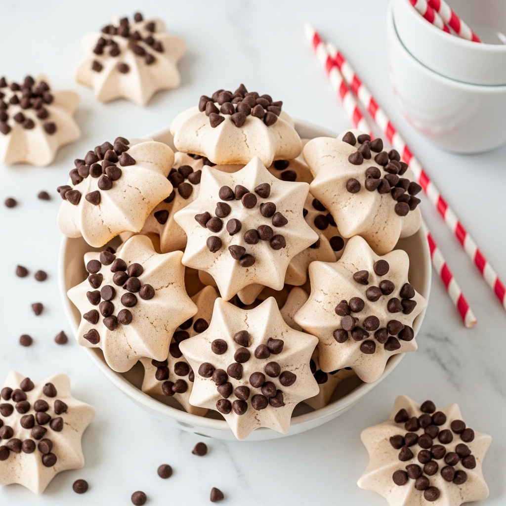 A bowl filled with light beige, star-shaped meringue cookies topped with small dark brown chocolate chips scattered evenly on each cookie, creating a textured contrast. The bowl is white and sits on a surface with a white marbled texture, with more chocolate chips sprinkled around it, and to the right, there are two white cups and two red-and-white striped straws. The meringues have a crisp yet airy appearance, with sharp edges and pointed tips. Photo taken with an iphone --ar 4:5 --v 7