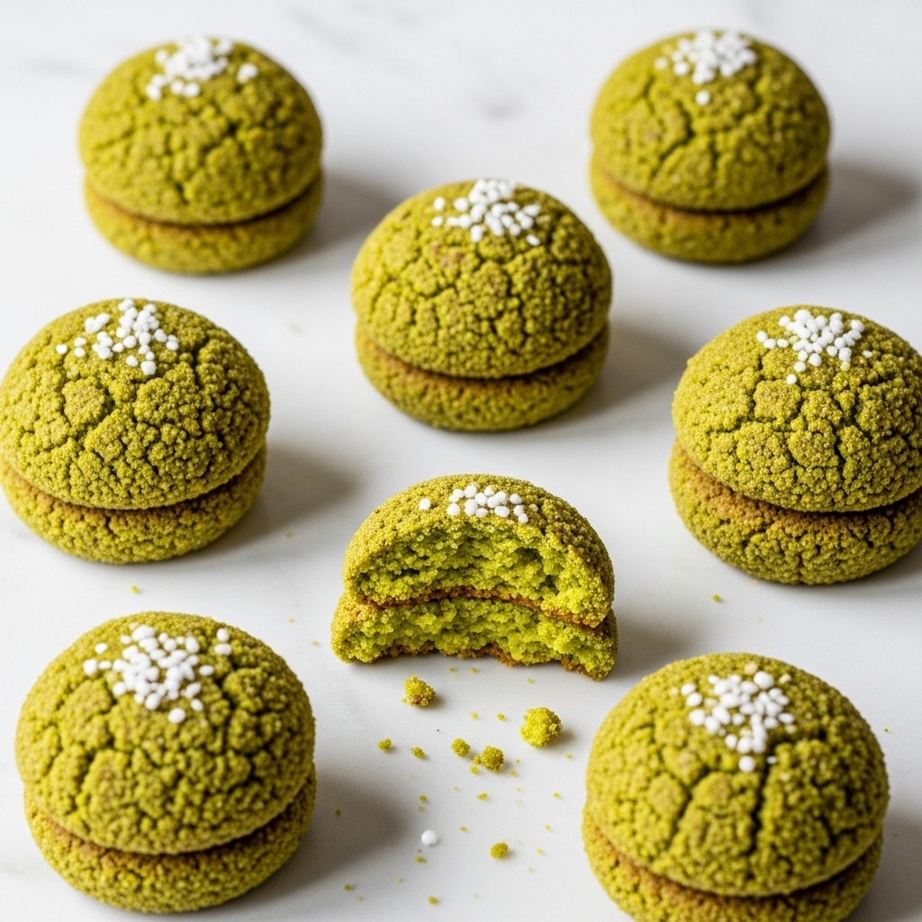 The image shows seven round pistachio cookies arranged on a white marbled surface, six whole and one broken in half to reveal a soft, crumbly light green inside. Each cookie has a textured outer layer made of crushed pistachio nuts giving a rough, uneven green surface with some small white sugar crystals sprinkled on top. The cookies are thick, about one layer in height, and have a slightly flattened dome shape. Some cookie crumbs and bits of crushed pistachio nuts scatter around on the marbled background, adding a natural, rustic feel. photo taken with an iphone --ar 4:5 --v 7