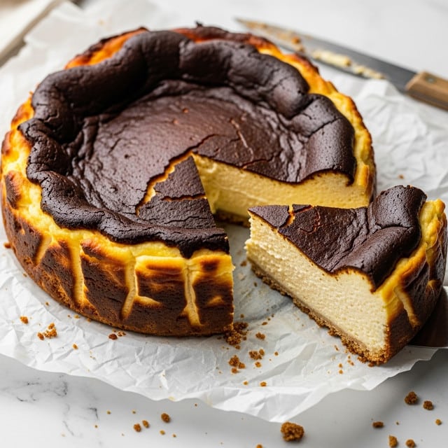The image shows a round cheesecake with a burnt, deep brown top layer that is slightly wrinkled and cracked in some parts. The cheesecake has a thick, creamy, pale yellow middle layer with a smooth texture. The crust is thin, golden, and slightly crispy, visible at the edges folding outward and around the cake. A large slice has been cut out, revealing the inside layers clearly. The cheesecake sits on crumpled white parchment paper over a white marbled surface, with some crumbs scattered around and a knife placed near the top edge. Photo taken with an iphone --ar 4:5 --v 7