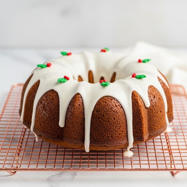 A golden brown bundt cake sits on a copper cooling rack over a white marbled surface. The cake has one clear layer, topped with a thick white glaze that drips down the sides unevenly, giving it a smooth but textured look. Small green holly-shaped and red berry-shaped decorations are spaced on top of the glaze, adding a festive touch. The background is softly blurred, keeping the focus solidly on the cake. photo taken with an iphone --ar 4:5 --v 7