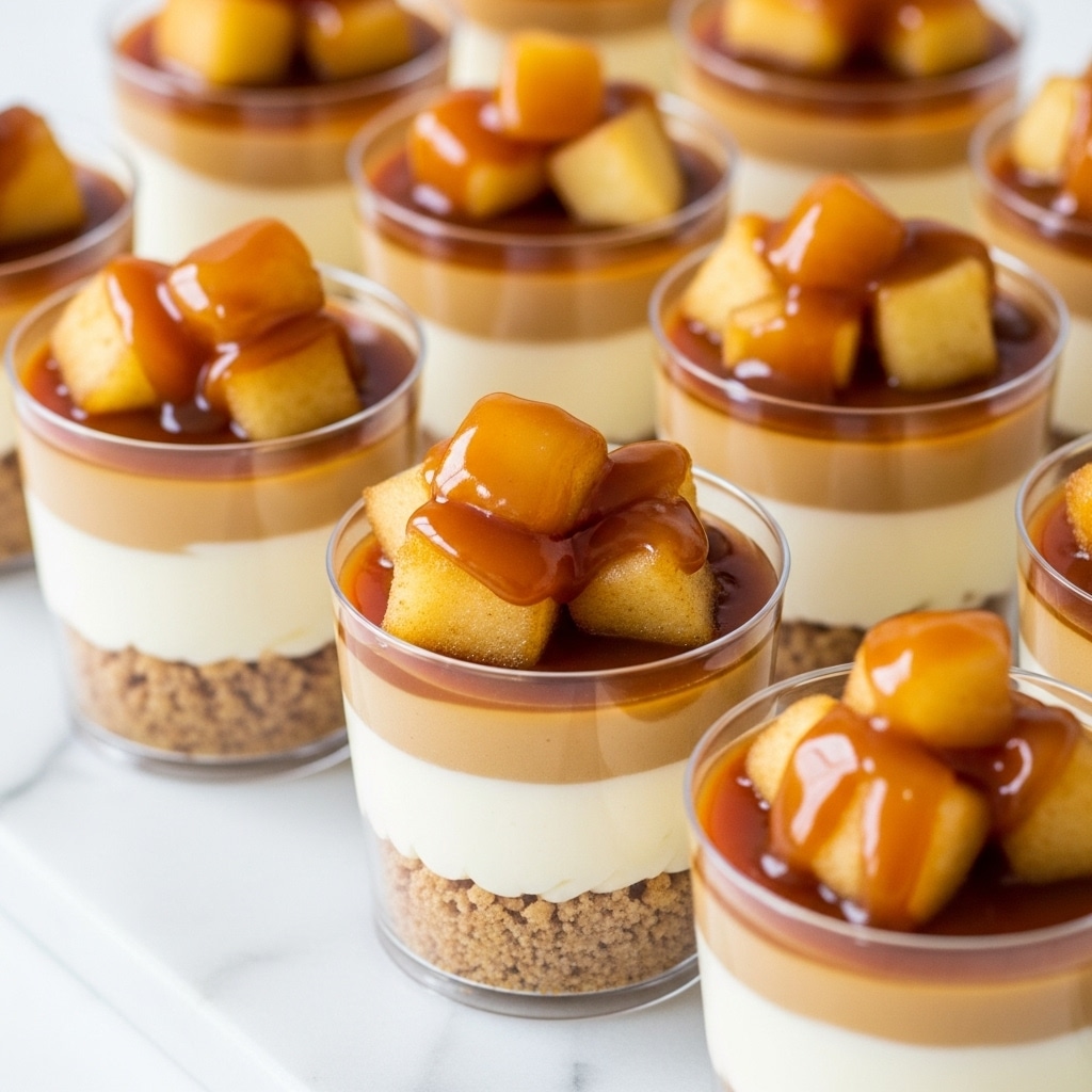 Small clear cups hold a three-layer dessert, each with a bottom layer of light brown crumbly texture, a middle creamy white layer, and a top shiny caramel layer. On top, there are golden brown soft apple pieces covered in a glossy caramel sauce. The cups are arranged in rows on a white marbled surface, with soft lighting highlighting the smooth and shiny textures of the dessert. photo taken with an iphone --ar 4:5 --v 7