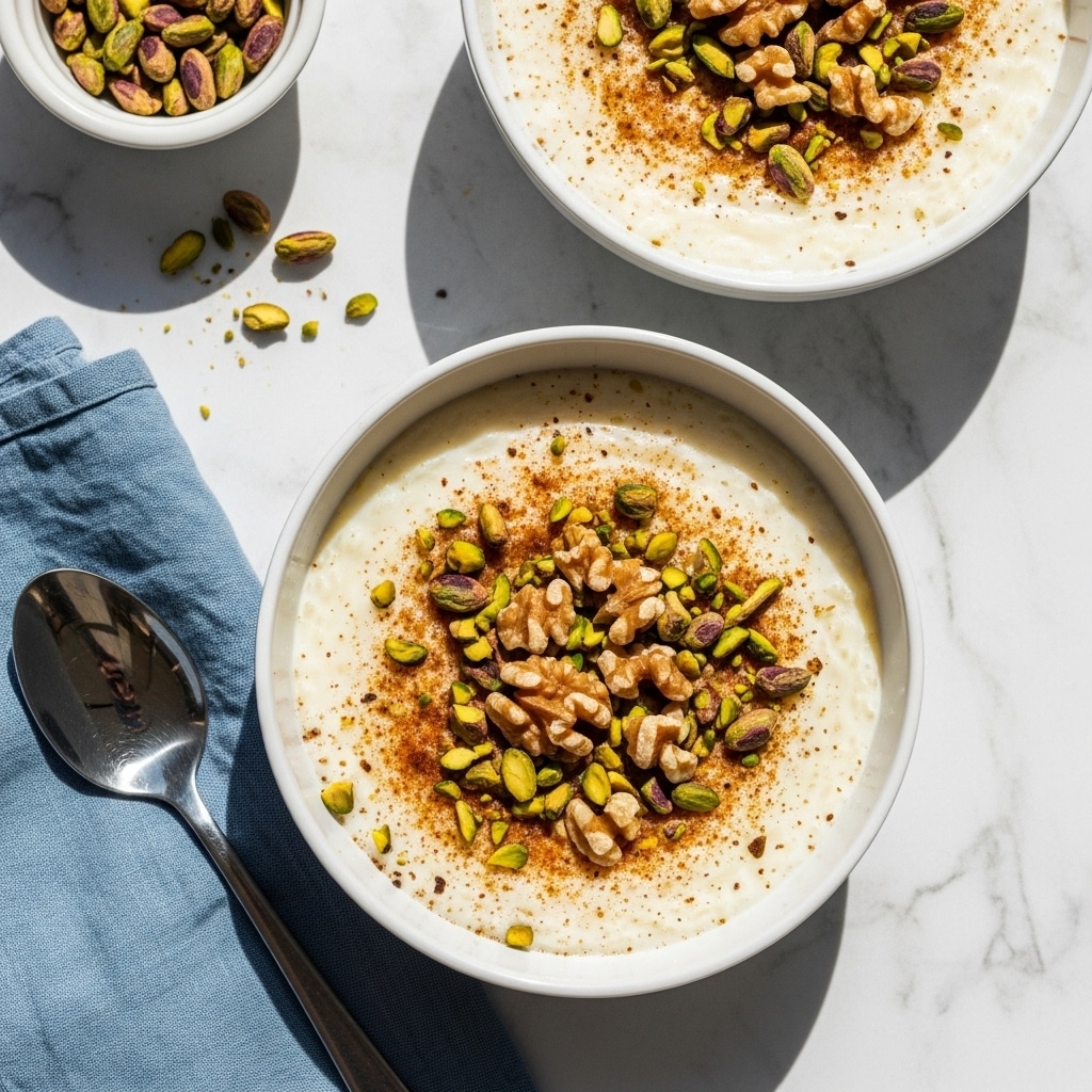 Two white bowls filled with creamy white rice pudding, each bowl topped with scattered chopped green pistachios and light brown walnuts. The pudding surface has a slightly lumpy texture with a sprinkle of fine brown spice, possibly cinnamon or nutmeg. The bowls sit on a white marbled surface with shadows casting softly around them. A shiny metallic spoon lies beside the lower bowl, next to a folded blue cloth. A small white bowl with chopped pistachios is partially visible at the top left corner. The light is bright and natural, highlighting the texture of the pudding and nuts. Photo taken with an iphone --ar 4:5 --v 7
