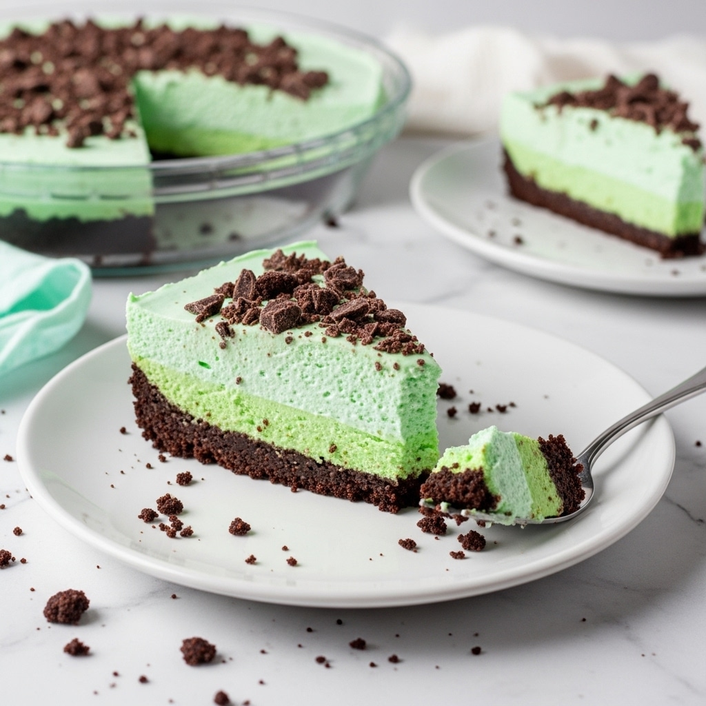 The image shows a mint green cheesecake with two visible layers, served on a white plate with crumbs around it. The bottom layer is a dark chocolate crumb crust, thick and textured, while the top layer is smooth, creamy, and bright mint green. Crumbled chocolate bits are sprinkled on the surface of the green layer. In the background, there is a glass pie dish with more of the same pie and another white plate with a similar slice. A silver fork holds a bite-sized piece of the cheesecake near the front slice, and the whole setting sits on a white marbled surface. Photo taken with an iphone --ar 4:5 --v 7
