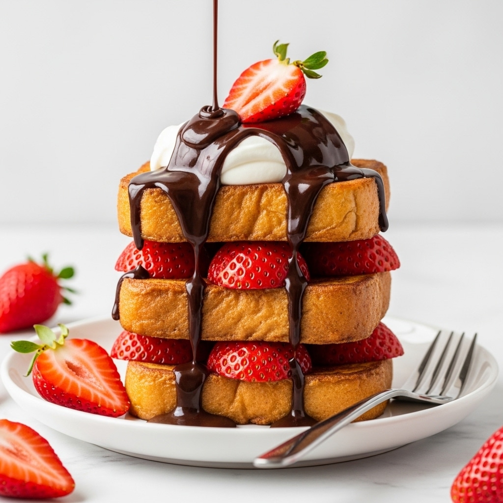 A tall stack of four thick, golden-brown French toast slices layered with bright red, halved strawberries between each slice and on top. A dollop of white whipped cream sits on the top layer, with rich, dark chocolate syrup being poured over it, dripping down the sides of the toast and fruit. The stack is placed on a white plate with a silver fork resting beside it, all set on a white marbled surface. Some strawberry pieces are scattered around the plate, adding a fresh and juicy look. Photo taken with an iphone --ar 4:5 --v 7