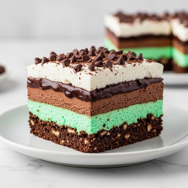 A square slice of a layered dessert on a white plate, showing four layers: the bottom layer is dark brown and crumbly like crushed cookies, above it is a thick smooth bright mint green layer, then a creamy dark chocolate layer with a slightly glossy finish, topped with a fluffy light cream layer sprinkled with small dark chocolate chips and chocolate shavings, all on a white marbled table surface with a blurred part of the same dessert visible in the background, photo taken with an iphone --ar 4:5 --v 7