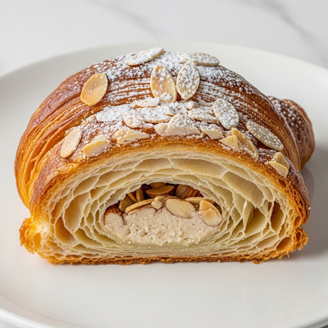 A close-up view of a flaky almond croissant slice resting on a white plate against a white marbled texture surface. The croissant features multiple layers of golden brown, crisp pastry folded over each other, with a glossy finish on top sprinkled with powdered sugar and thin almond slices. Inside, the filling shows almond cream mixed with whole sliced almonds, creating a textured light beige center contrasted with the flaky outer crust. Photo taken with an iphone --ar 4:5 --v 7