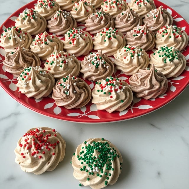 A red plate with white leaf patterns holds about twenty small, light tan meringue cookies with swirled shapes, each topped with red, green, and white round sprinkles; several cookies have darker brown swirls mixed into the tan, giving a marbled effect. Outside the plate, on a white marbled surface, two more meringues rest, decorated similarly with sprinkles, one mostly tan and the other with green sprinkles standing out. The cookies have a crisp texture and are piped into small peaks with clean edges, all closely packed on the plate. photo taken with an iphone --ar 4:5 --v 7