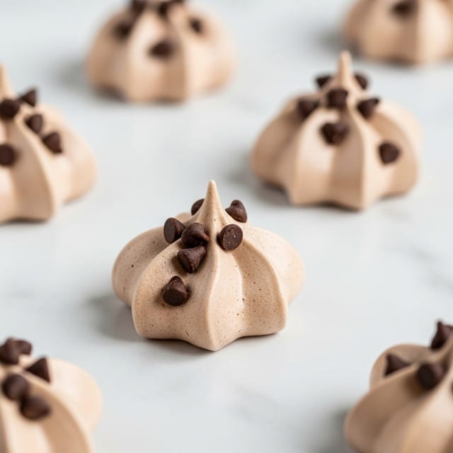 The image shows several small light brown meringue cookies placed on a white marbled surface. Each cookie has a star shape with soft, smooth texture and gentle ridges rising to points. On top of each meringue, there are small, scattered dark brown chocolate chips embedded, adding a contrast in color and a hint of texture. The cookies are spaced apart, with one meringue in clear focus in the foreground and others softly blurred in the background. The overall look is light and delicate with a clean, minimalistic setting. photo taken with an iphone --ar 4:5 --v 7