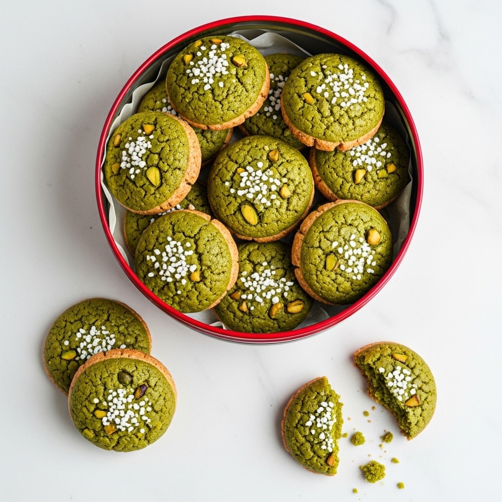 A red tin filled with about fourteen round green cookies that have a rough texture and are topped with small white sugar crystals, sitting on a white marbled surface. Outside the tin, there are two whole cookies and one broken cookie with crumbs scattered around. The cookies show a mix of green shades with a slightly golden-baked edge, and the surface has small bits of nuts or seeds visible. Photo taken with an iphone --ar 4:5 --v 7