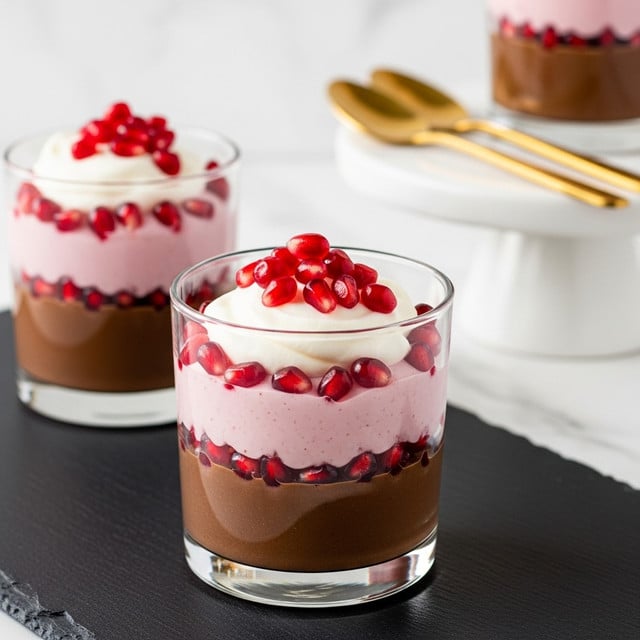 The image shows a clear glass with three visible layers of a dessert placed on a white marbled surface. The bottom layer is dark brown and smooth, resembling chocolate pudding. Above it is a thin middle layer made of red pomegranate seeds, adding bright red spots that are partly submerged. The top layer is thick and creamy white, topped with more scattered bright red pomegranate seeds. Around the glass, a few loose shiny pomegranate seeds are scattered on the surface. In the background, a white cloth and two golden spoons rest, with part of another glass dessert blurred out. Photo taken with an iphone --ar 4:5 --v 7