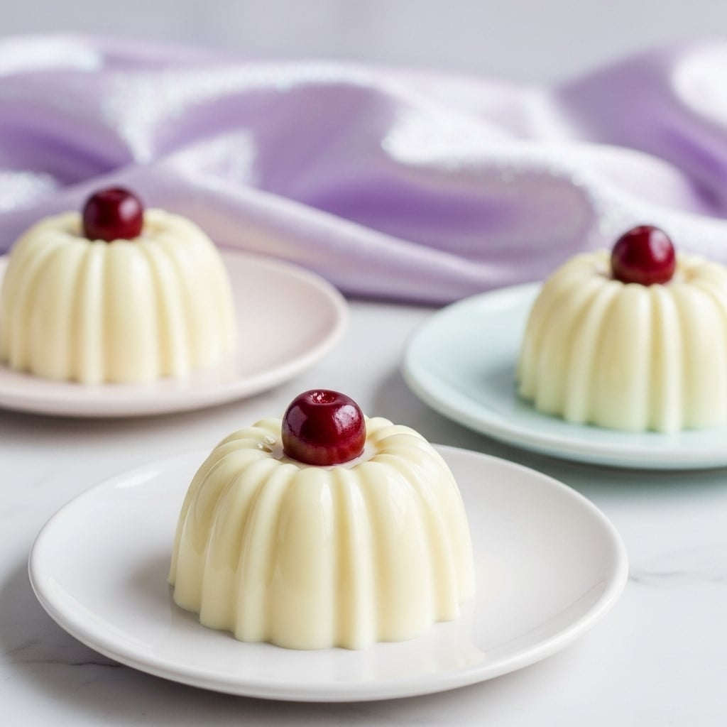 Three white, creamy, dome-shaped desserts with a fluted pattern sit on white plates—one on the left, one on the right, and one in the front center. Each dessert is topped with a single dark red cherry. The plates have soft pastel colors that do not appear, replaced by white as instructed. The surface under the plates is a smooth white marbled texture. The background shows folds of shimmering lilac fabric. The lighting highlights the glossy texture of the desserts and the shiny cherries. Photo taken with an iphone --ar 4:5 --v 7