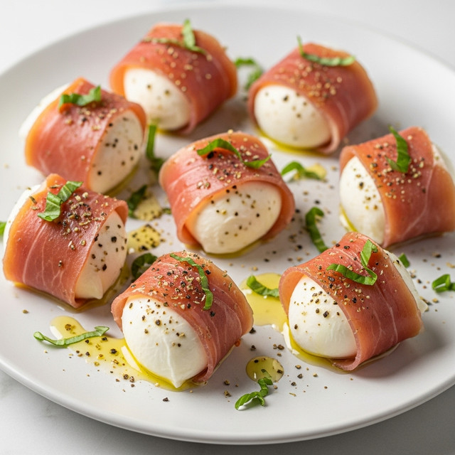 Seven pieces of soft white mozzarella balls tightly wrapped in thin, pinkish-red slices of prosciutto, placed on a white plate. The mozzarella is smooth and shiny, partially visible through the prosciutto. Each piece is sprinkled with coarse black pepper and dried herbs, and small green basil leaves are scattered around and on top. A drizzle of golden olive oil adds a light sheen, pooling slightly around the pieces on the plate, which sits on a white marbled surface. Photo taken with an iphone --ar 4:5 --v 7