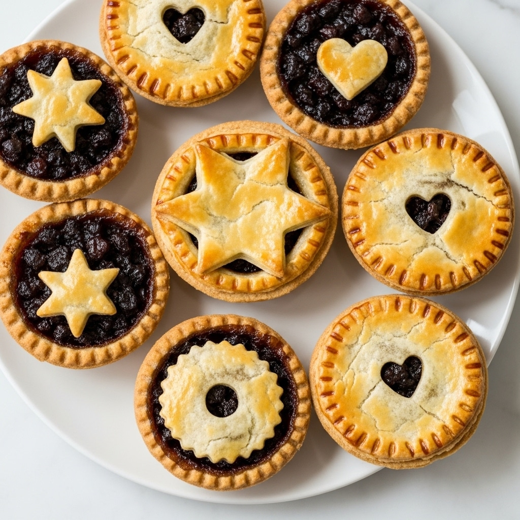 The image shows several small round mince pies laid out on a white plate set on a white marbled surface. Each mince pie has a golden-brown crust around the edges with a shiny glaze. Inside, the filling is dark and chunky, appearing sticky and rich. Some pies have a top layer of pastry shaped like stars with smooth, slightly browned texture, while others have tops with small cut-out shapes like hearts or circle stars, letting the dark filling peek through. The crust looks flaky and uneven in places, giving a homemade feel, and the overall color palette mixes warm golden tones with deep brown filling tones. photo taken with an iphone --ar 4:5 --v 7