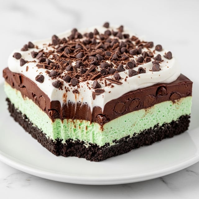 The image shows a square layered dessert placed on a white plate with a white marbled surface in the background. The bottom layer is a dark, crumbly crust that looks like crushed cookies. Above this is a thick, smooth layer of light green mint cream. On top of the green layer is a glossy, rich dark chocolate pudding layer with visible chocolate chips. The top layer is fluffy and white, likely whipped cream, sprinkled generously with small dark chocolate chips and thin chocolate shavings. The dessert has a small bite taken from one side, revealing the distinct layers clearly. Photo taken with an iphone --ar 4:5 --v 7