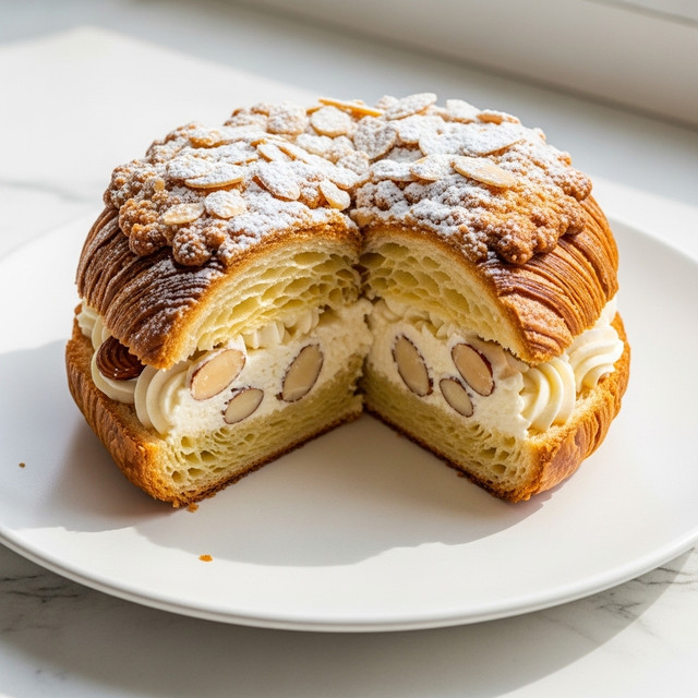 A round, golden-brown croissant with a flaky, crispy outer layer sits on a white plate. It is cut in half, showing about five layers of soft, light yellow pastry inside. The filling is creamy white with whole almond pieces mixed throughout, adding texture and color contrast. The top of the croissant is sprinkled with sliced almonds and a light dusting of white powdered sugar, which highlights its crunchy surface. The plate rests on a white marbled texture near a window, with soft natural light brightening the scene. Photo taken with an iphone --ar 4:5 --v 7
