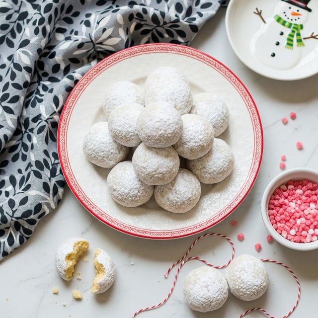 A white plate with a red patterned edge is filled with about fifteen round, small cookies covered in thick white powdered sugar, stacked in a rough pyramid shape. The cookies are pale golden underneath the sugar coating, with a soft texture visible on the few broken cookies placed on the plate's edge and nearby on the white marbled surface. There is a gray cloth with a dark leafy pattern on the upper left side and a white dish with a snowman design at the top right. A small white bowl filled with red and white sugar crystals sits at the bottom right, and a thin red-and-white twisted string lies near two additional powdered sugar cookies on the surface. Photo taken with an iphone --ar 4:5 --v 7